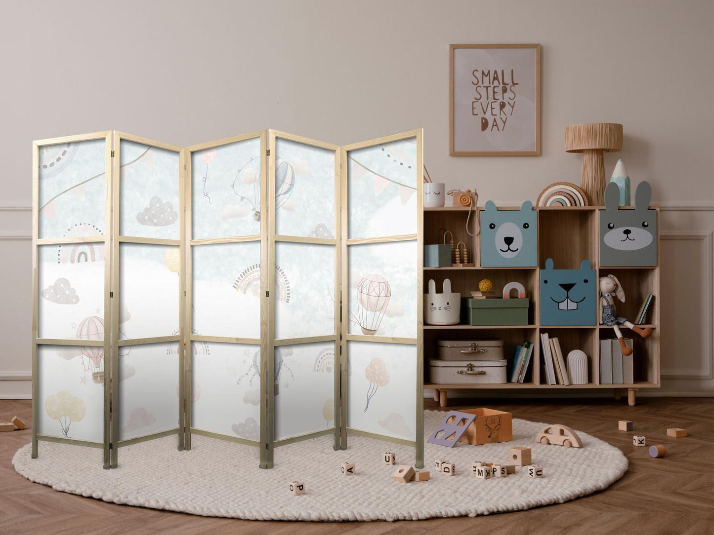 Japanischer Paravent - Balloons in the Sky - Balloons in pastel colors flying through a cloudy sky - among rainbows and stars