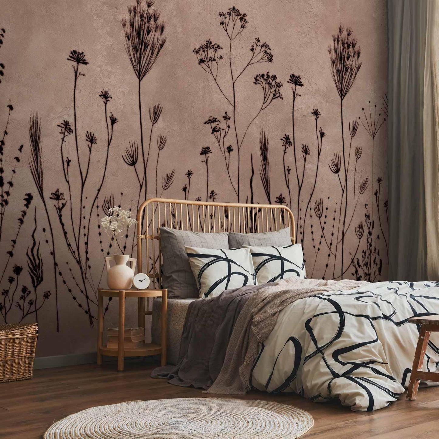 Fototapete Wildblumen – Schwarze Pflanzen auf hellem Hintergrund