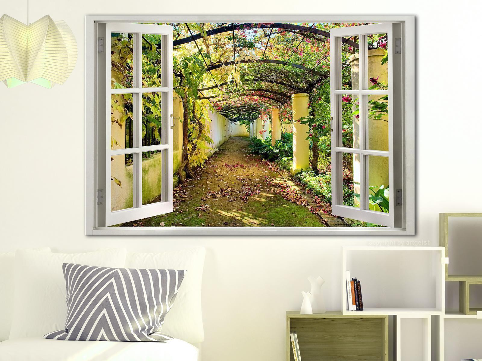 Leinwandbild - Window: View on Pergola Artgeist