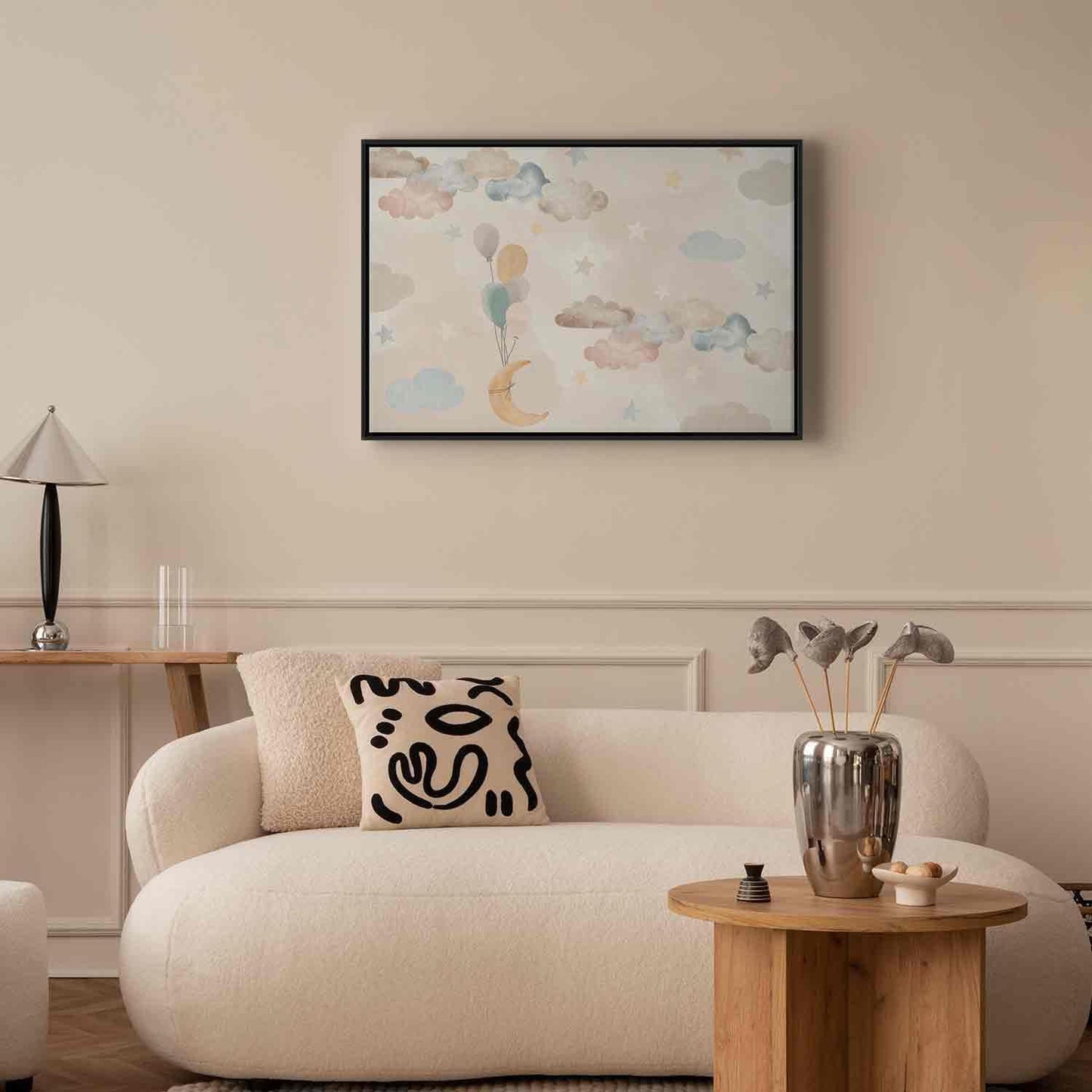 Leinwandbild - Fairy-Tale Moon - Pastel Moon with Balloons Among Colorful Clouds and Stars in Subdued Colors on a Light Background