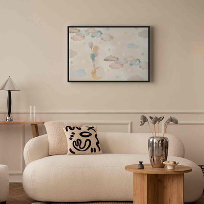 Leinwandbild - Fairy-Tale Moon - Pastel Moon with Balloons Among Colorful Clouds and Stars in Subdued Colors on a Light Background