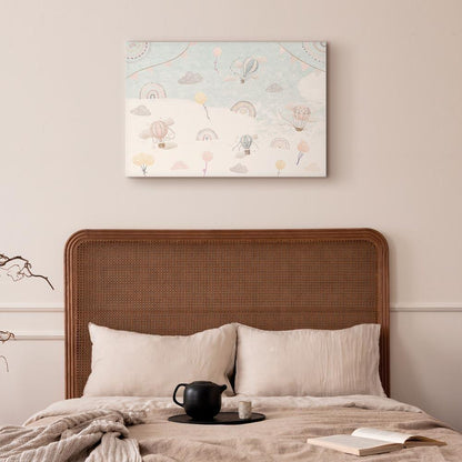 Leinwandbild - Sky with Balloons - Balloons in Subdued Colors Flying in the Sky Among Clouds Rainbows and Stars