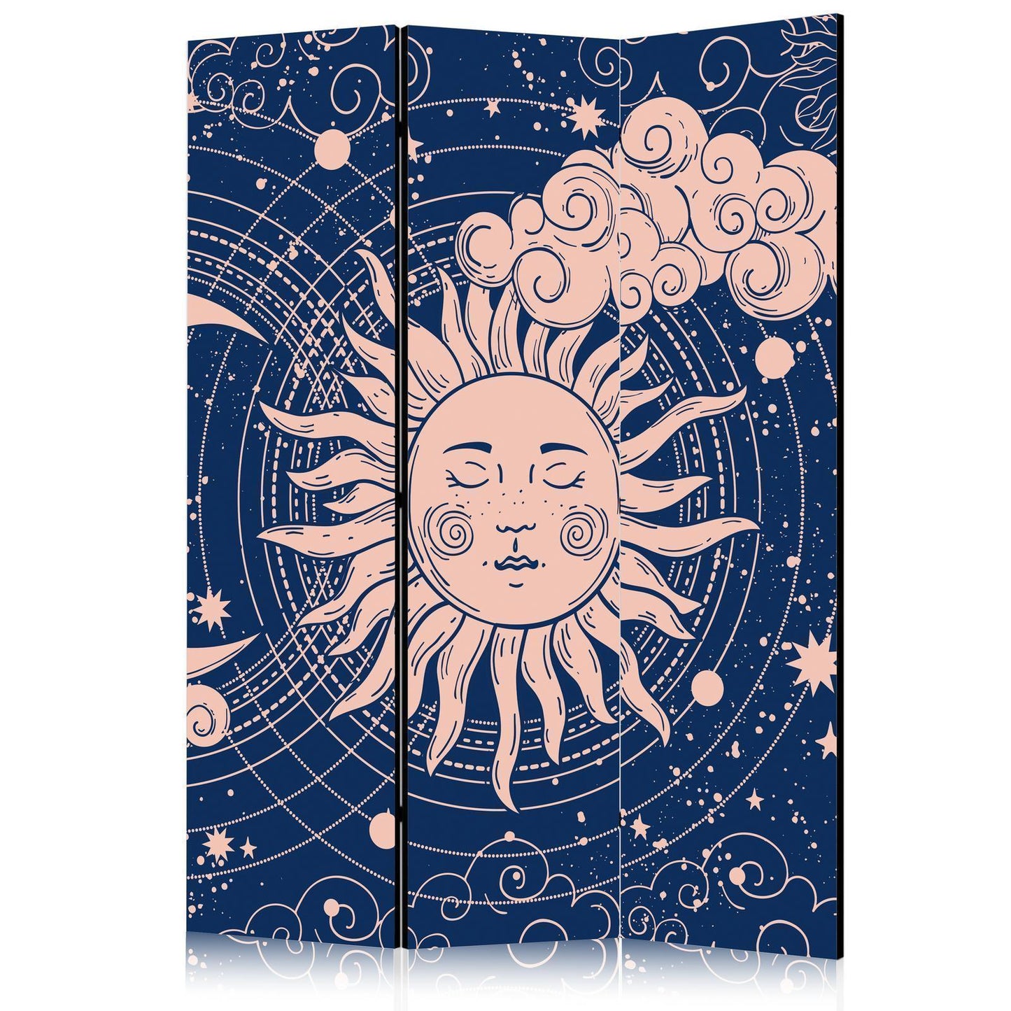 Paravent - Cosmic Harmony - Illustration of the Sun and Moon on a Navy Background Artgeist