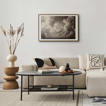 Poster of illuminated clouds with soft light in a sky theater setting, framed above a sofa in a modern living room.