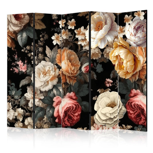 Paravent - Floristry in Vintage Style - a Plethora of Colorful Flowers on a Black Background Artgeist