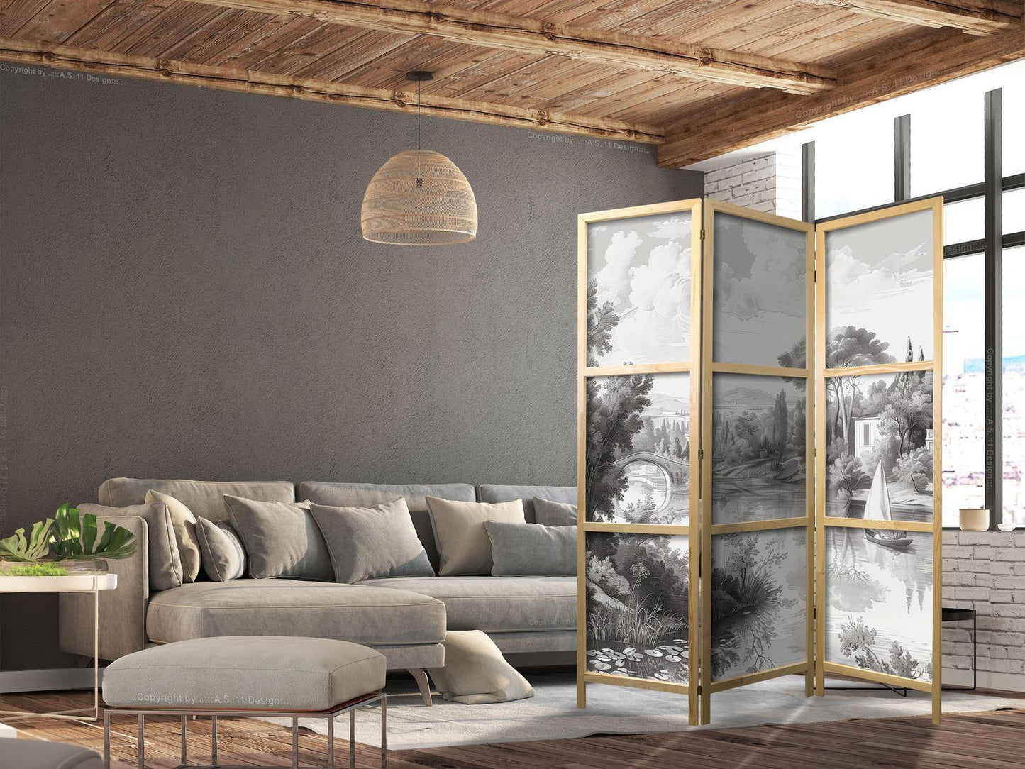 Japanischer Paravent - Black and White Vintage Landscape - Retro View of a Pond with a Boat