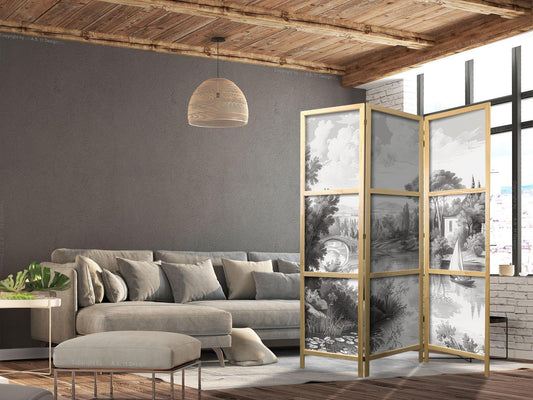 Japanischer Paravent - Black and White Vintage Landscape - Retro View of a Pond with a Boat