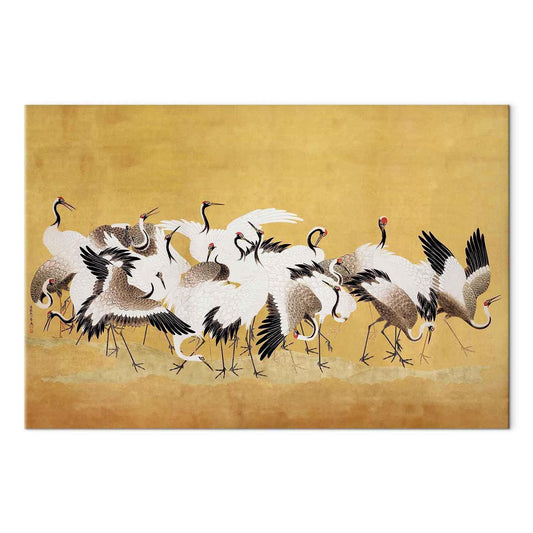 Leinwandbild - Japanese cranes - a flock of birds against a golden background based on a painting by Ishida Yūtei
