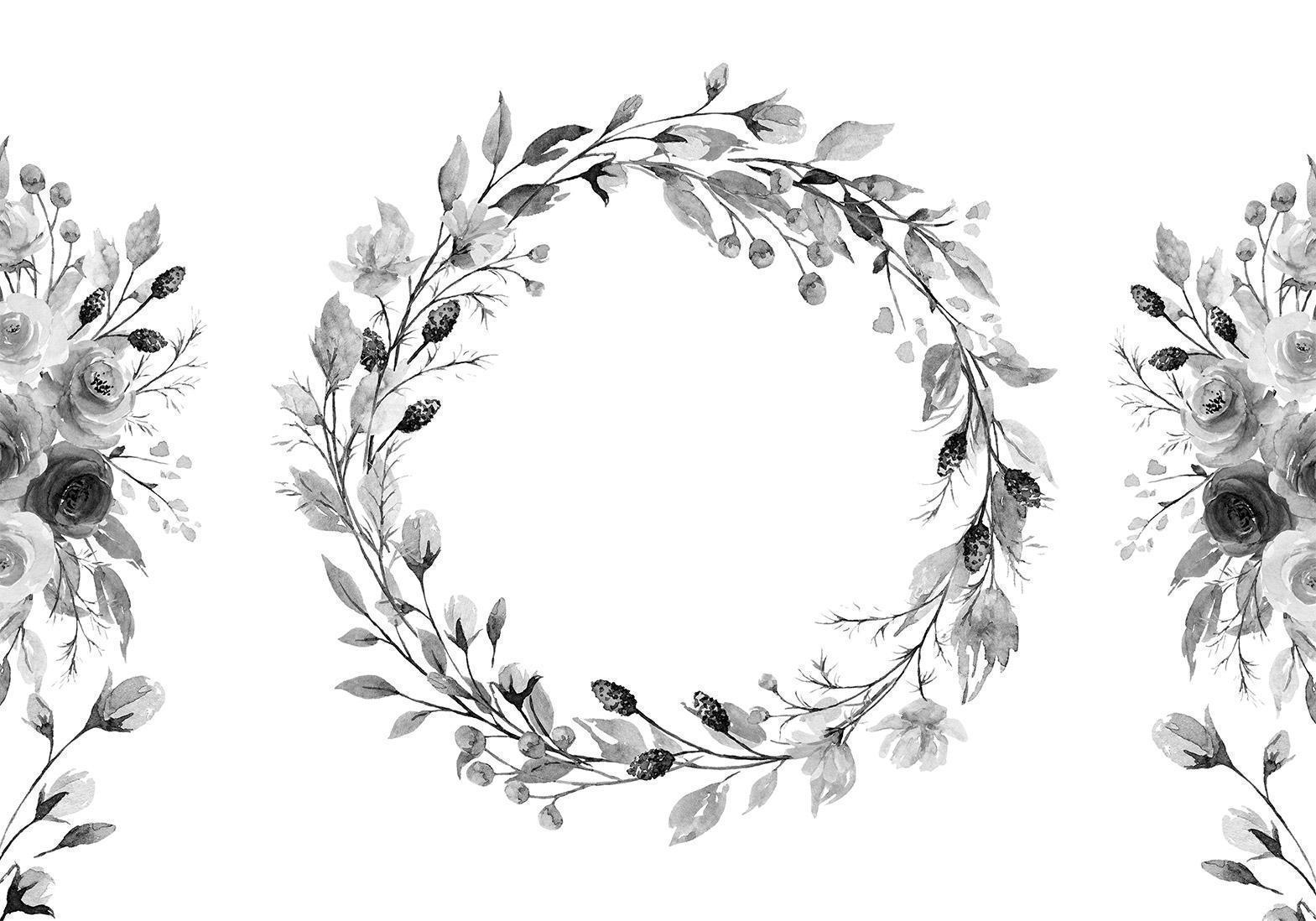 Fototapete - Romantic wreath - grey plant motif with leaves with rose pattern Artgeist