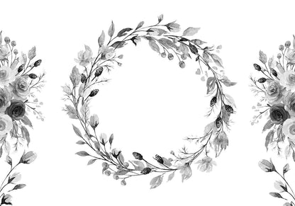 Fototapete - Romantic wreath - grey plant motif with leaves with rose pattern Artgeist
