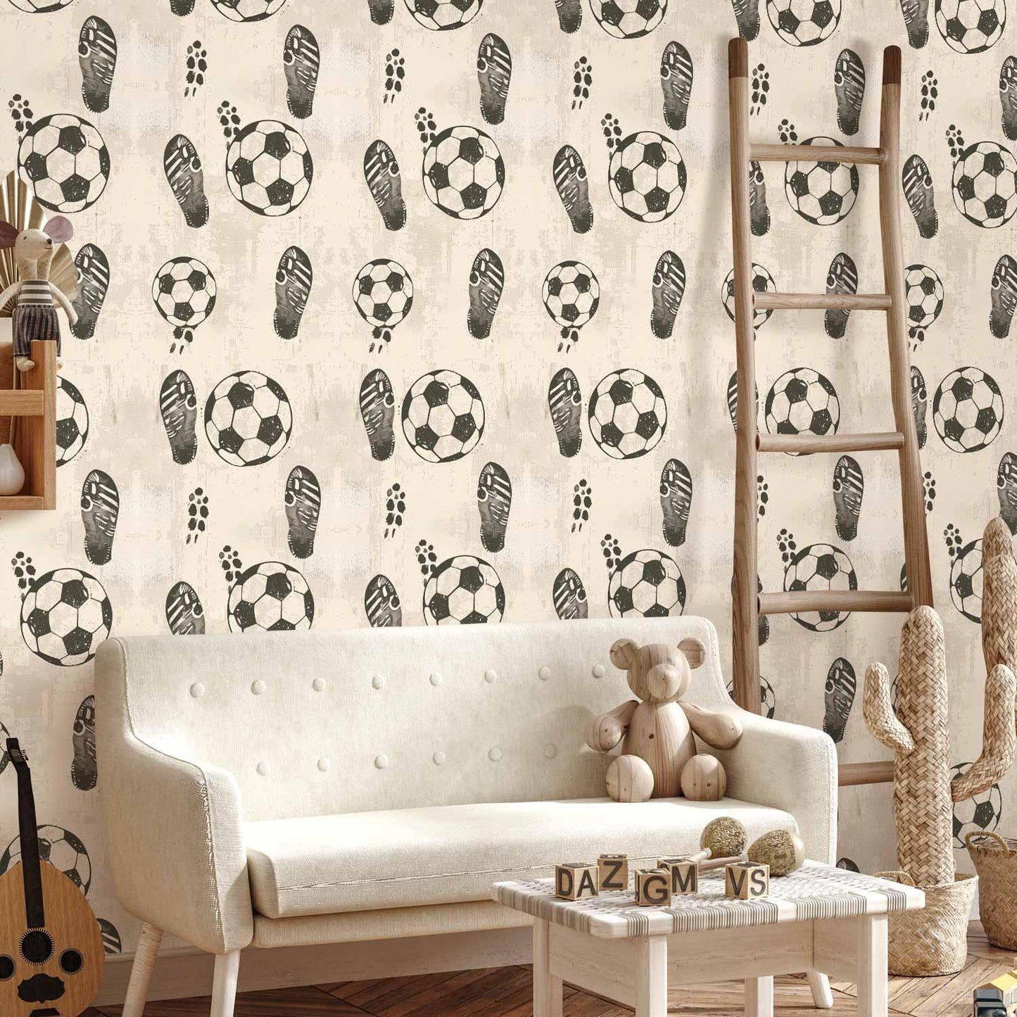 Tapete - Traces and Balls - Black-and-white soccer motifs on a beige background