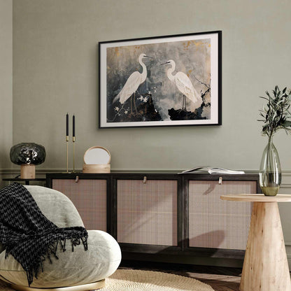 Poster - Herons and Cherry Blossom - oriental-style illustration depicting birds