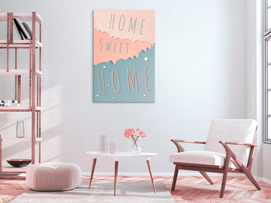 Canvas wall art with "Home Sweet Home" inscription in modern living room.