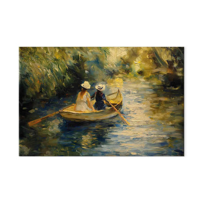 Wandbild XXL - Boat crossing - painting of two women sailing a boat on a river