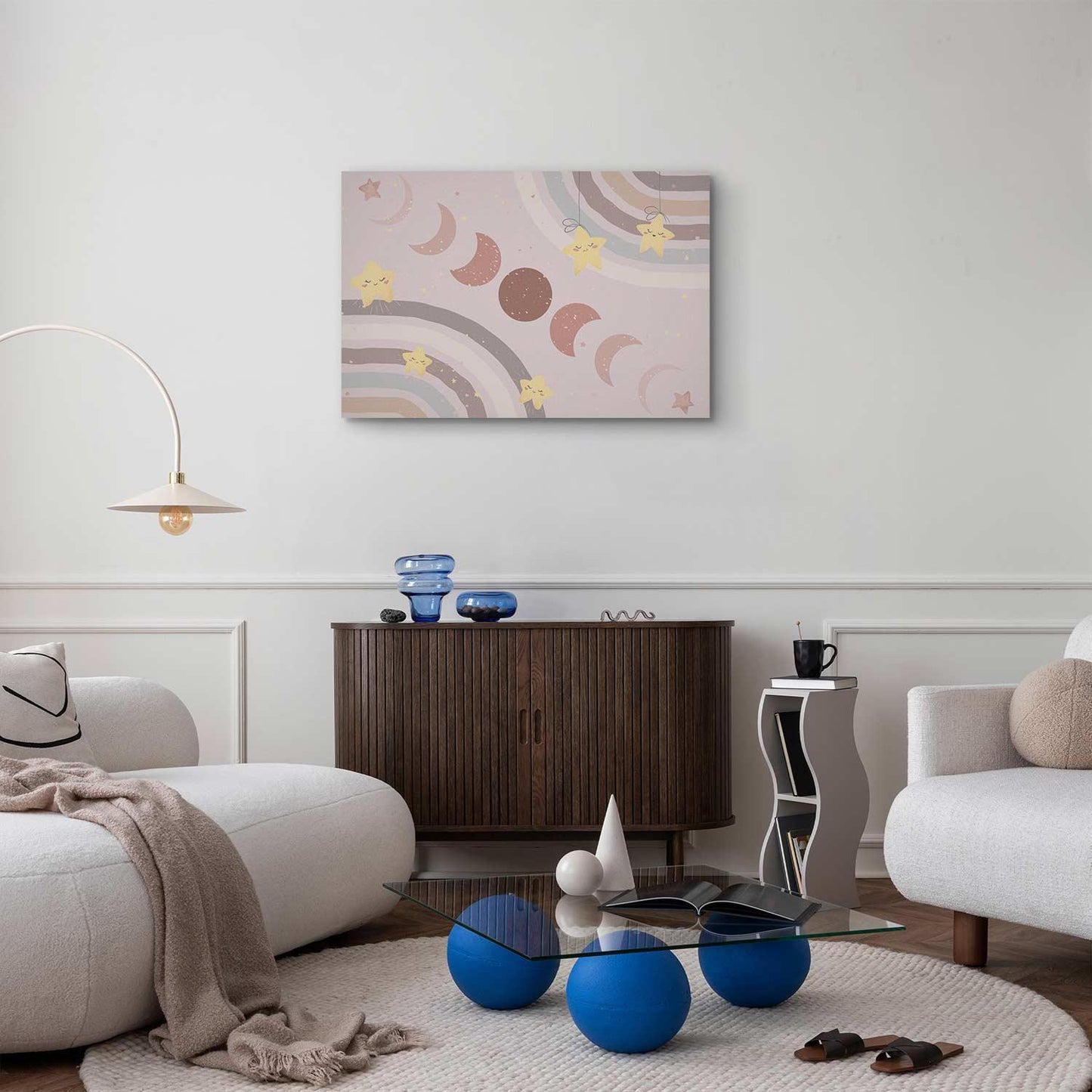 Leinwandbild - Joyful Sky - Yellow Cheerful Stars with a Rainbow Against the Phases of the Moon in a Light Beige Sky Hue