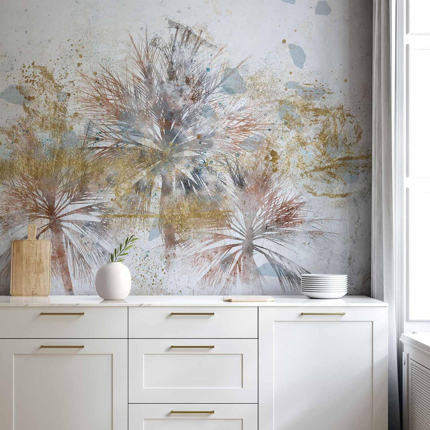 Fototapete Graue Palmen im Wohnzimmer - Elegante Wandgestaltung mit Feuerwerk-Palmenmotiv