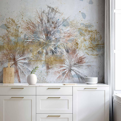 Fototapete Graue Palmen im Wohnzimmer - Elegante Wandgestaltung mit Feuerwerk-Palmenmotiv