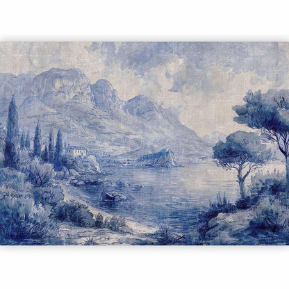 Fototapete - Blue Bay - Italian landscape of Lake Como painted with blue ink