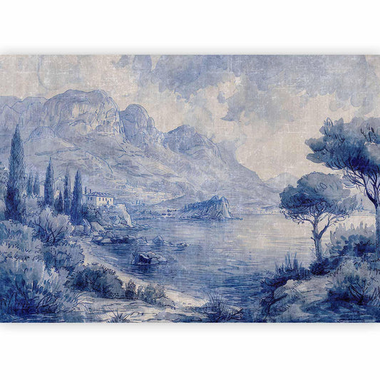 Fototapete - Blue Bay - Italian landscape of Lake Como painted with blue ink