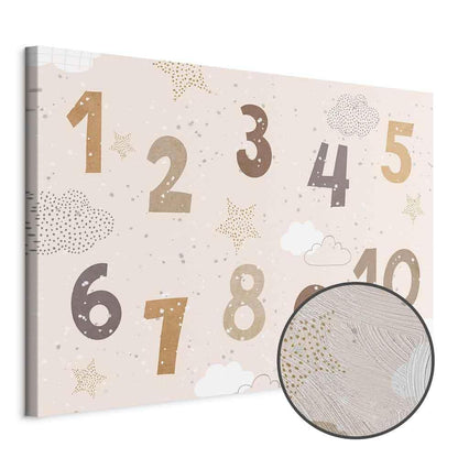 Leinwandbild - Jumping Numbers - Numbers in a Subdued Beige-Brown Hue Among Snowflakes Stars and Clouds