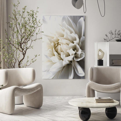 Canvas art print featuring a white dahlia in a modern living room setting.