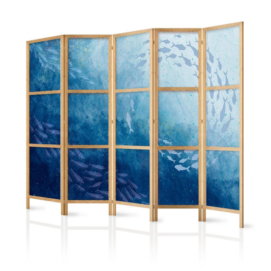Japanischer Paravent - Schools of Fish - Luminous Clusters of Fish in Blue Among Ocean Depths Artgeist