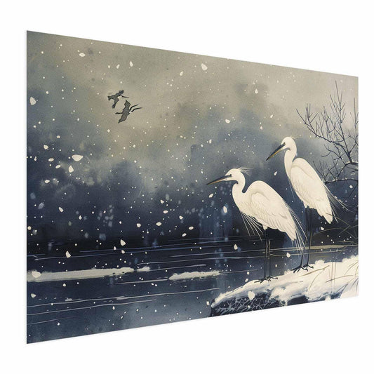 Poster - Herons over a Winter Pond - illustration in the Japanese style in dark colors Artgeist