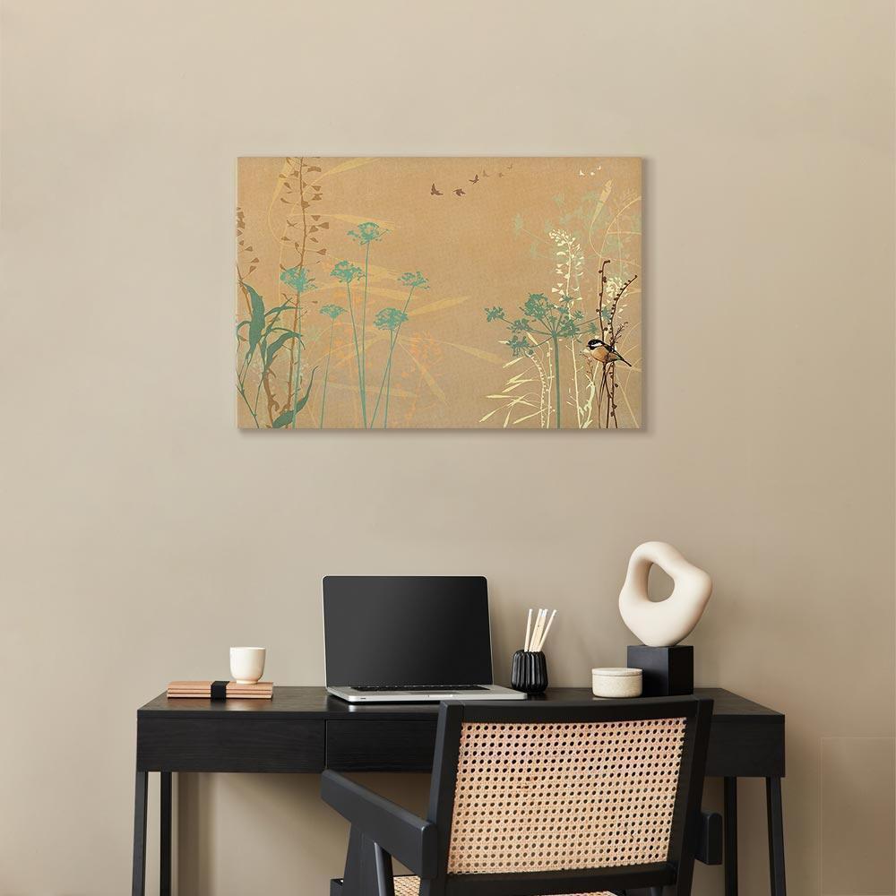 Leinwandbild - Tiny Bird - Colorful Grasses in Golden Shades of Sunset