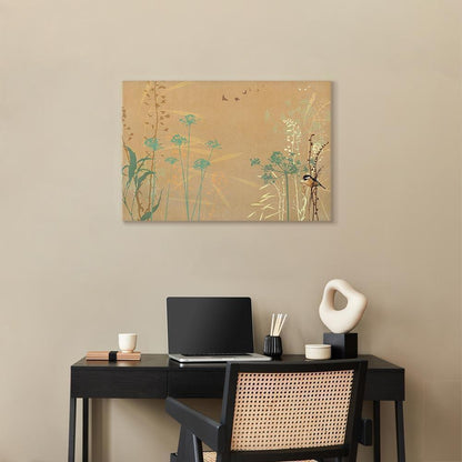 Leinwandbild - Tiny Bird - Colorful Grasses in Golden Shades of Sunset