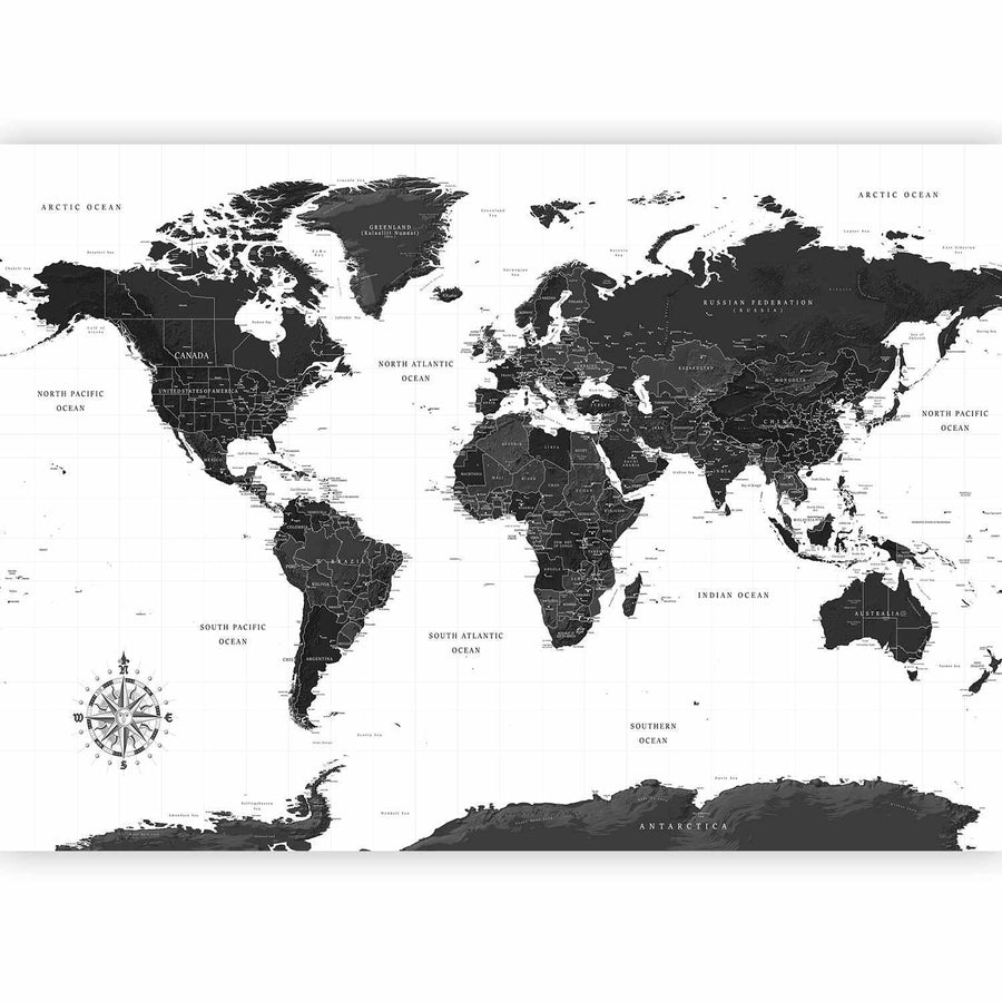 Fototapete „Schwarz-Weiß Weltkarte“ – Stilvolle Karte in minimalistischem Design sawelt.eu