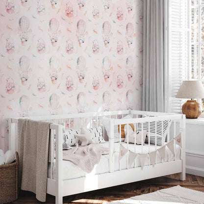 Fototapete - Solid pattern with feathers - hares in a basket and in a balloon for children