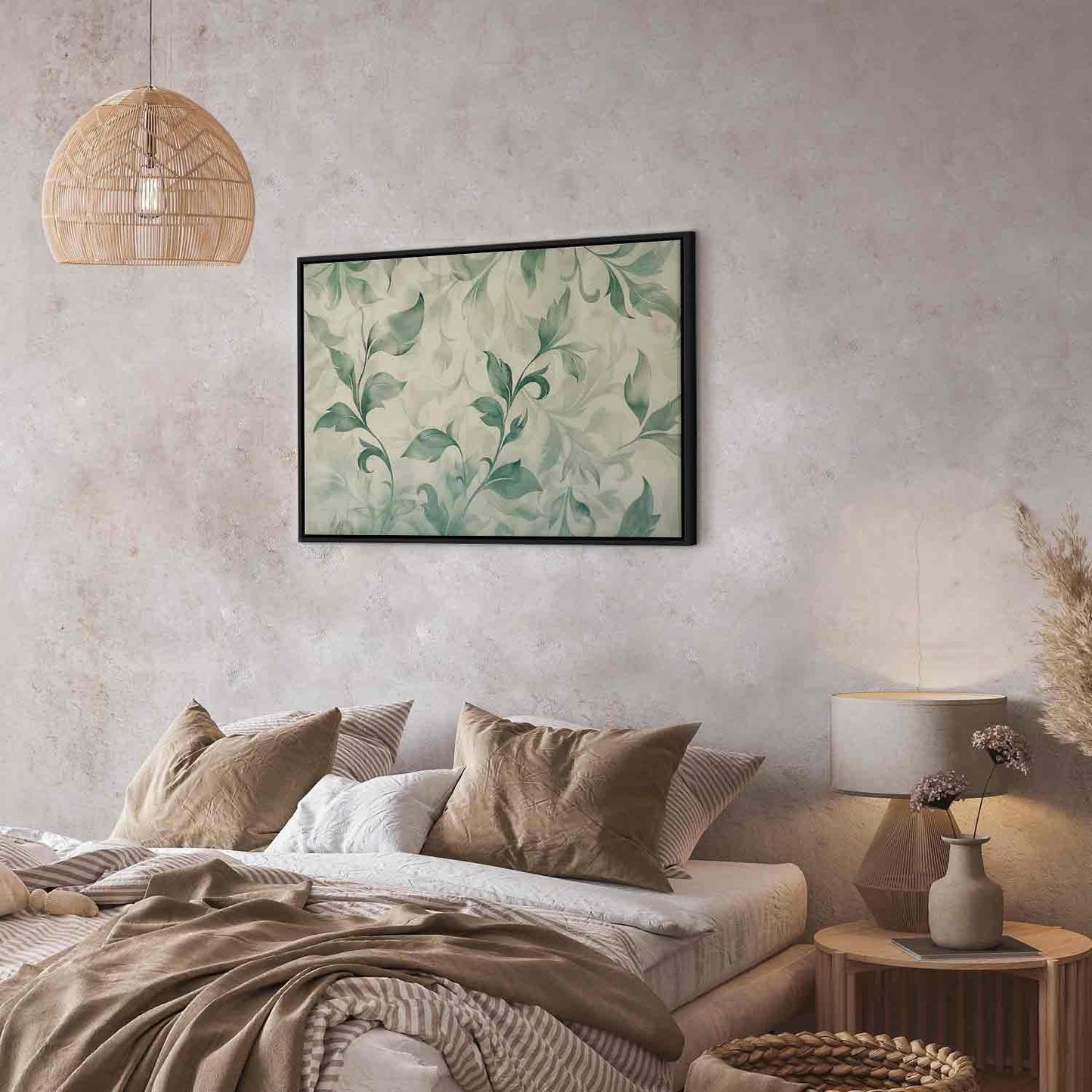 Leinwandbild - Watercolor Botanical Motif Delicate Green-Beige Leaves