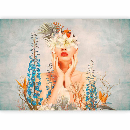 Fototapete - Nature in thought - female figure among flowers on a patterned background Artgeist