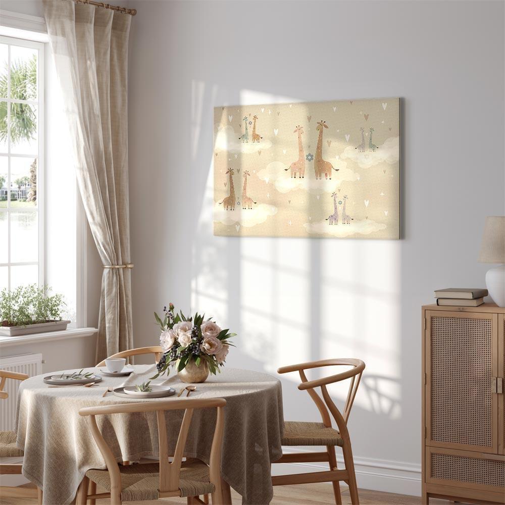 Leinwandbild - Love - Colorful Giraffes Floating on Clouds Among Hearts and Stars