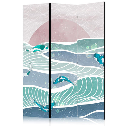 Paravent - Picturesque Landscape With Fish - Sunset And Koi Fish in Shades of Turquoise And Blue Floating Above The Water Artgeist