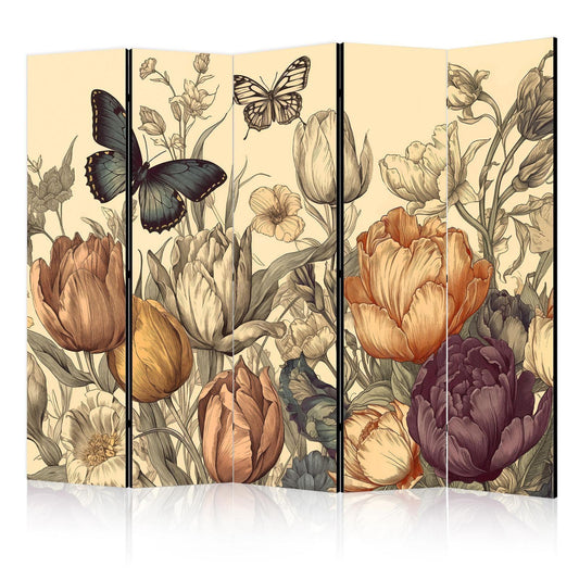 Paravent - Tulips in Cream - Illustration of Flowers and Butterflies on a Light Background Artgeist