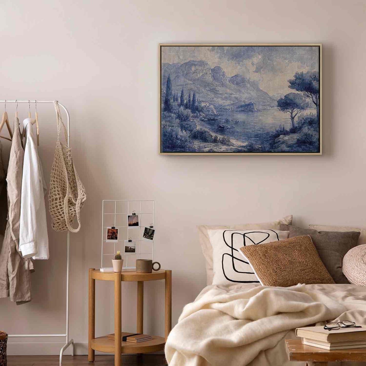 Leinwandbild - Blue Bay - Italian landscape of Lake Como painted with blue ink
