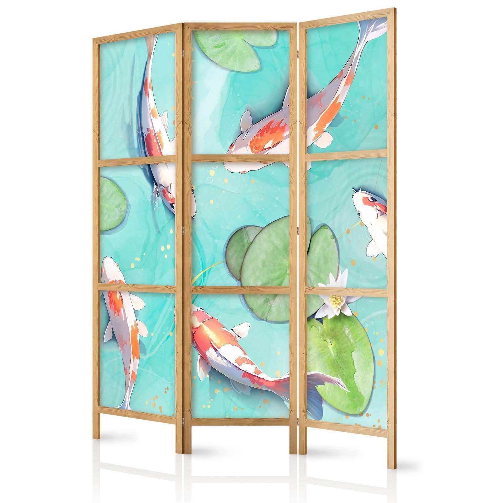 Japanischer Paravent - Spectacular Fish - White-Orange Koi Fish Swimming in Crystal Clear Water with Water Lilies Artgeist