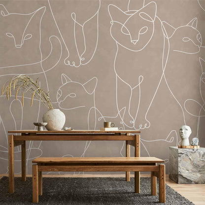 Fototapete - Cat lineart - minimalist sketches of white cats on beige background