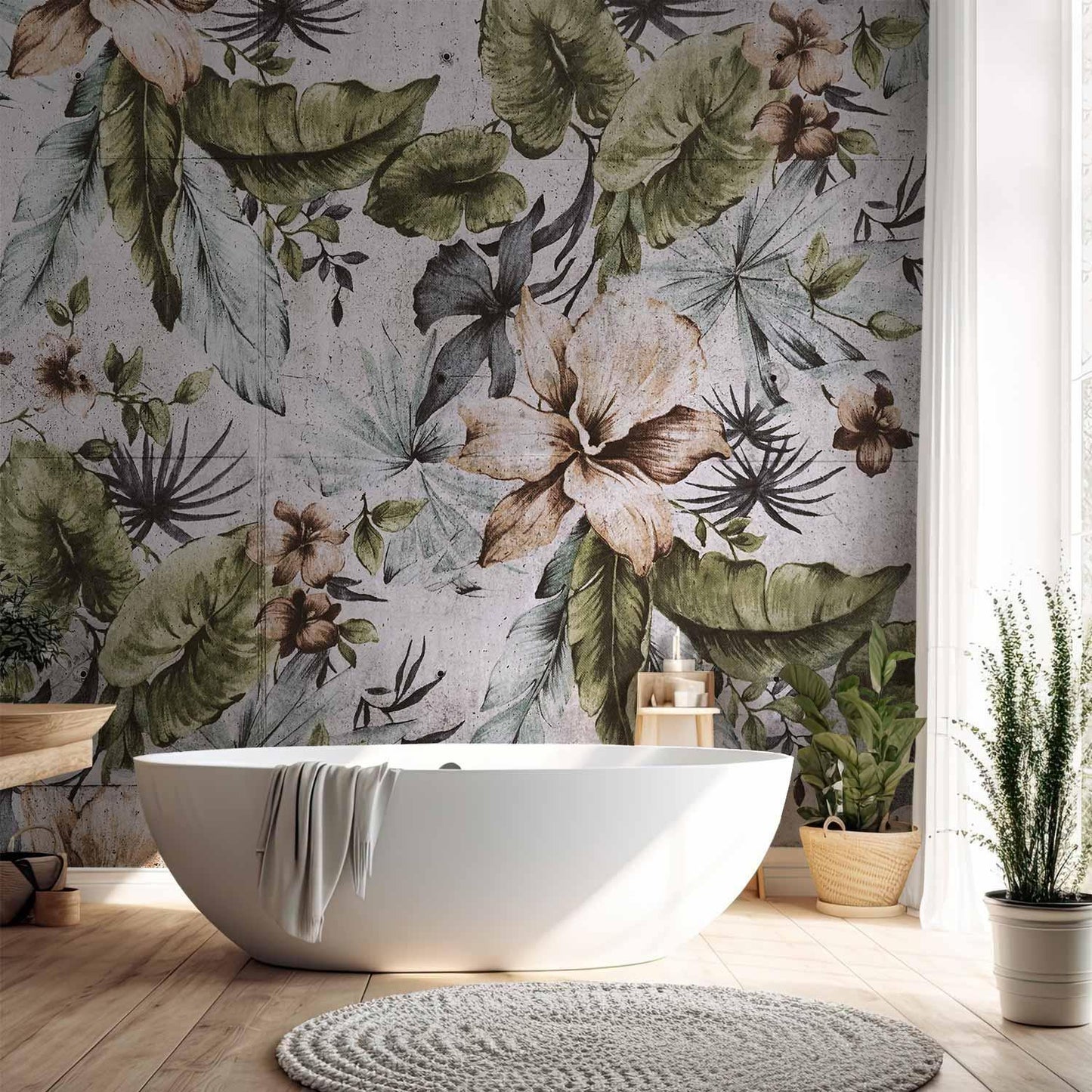 Fototapete - Nature in retro style - jungle landscape with pale leaves and flowers