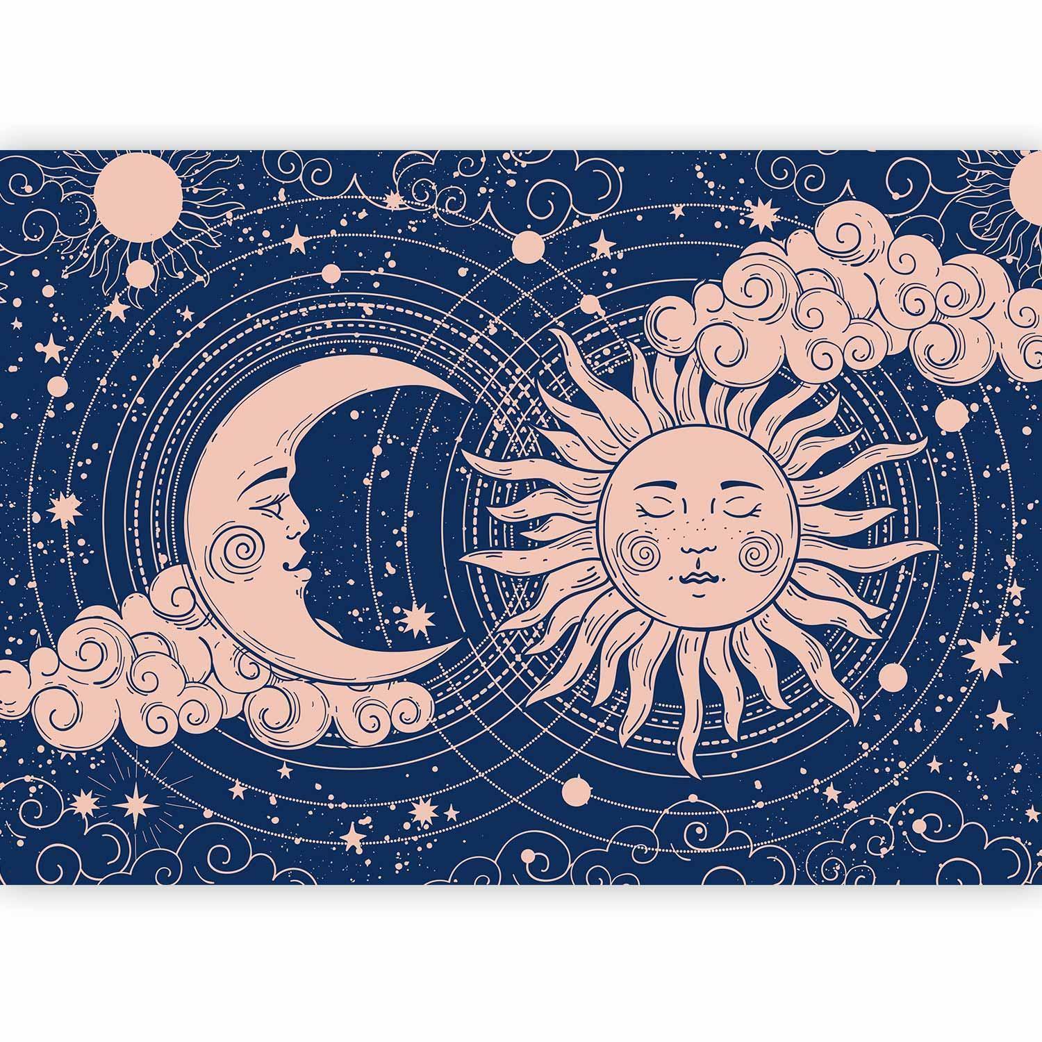 Fototapete - Cosmic Harmony - Illustration of the Sun and Moon on a Navy Background Artgeist