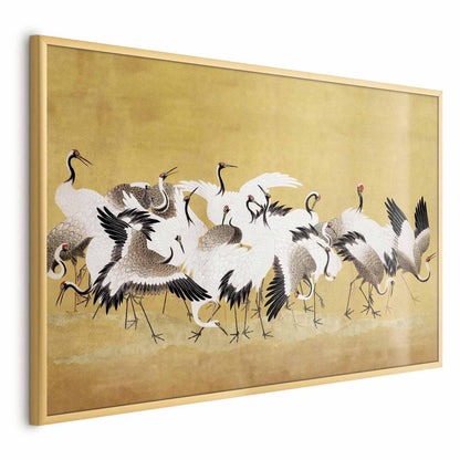 Japanese cranes poster with golden background, inspired by Ishida Yūtei painting.