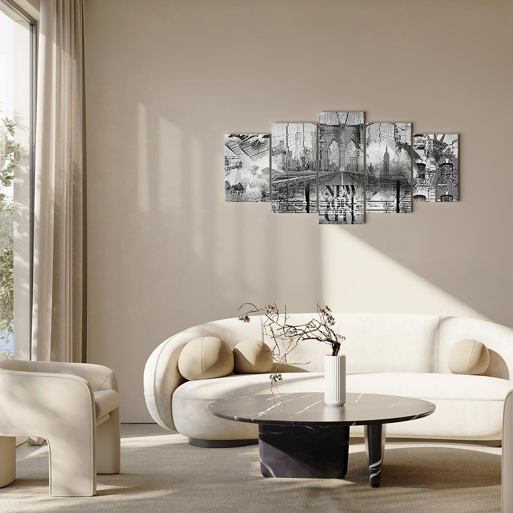 Leinwandbild - New York City Collage (5 Parts) Wide Black and White