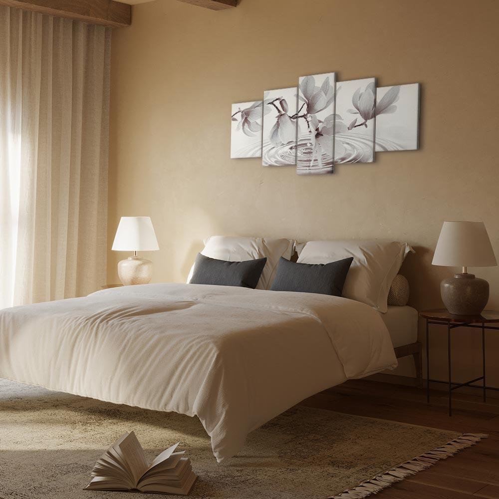 Leinwandbild - Magnolias over Water (5 Parts) Wide Grey