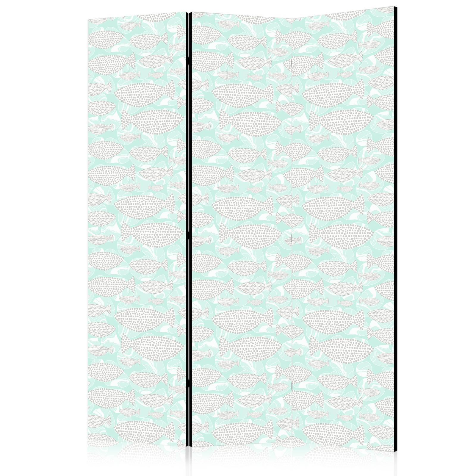 Paravent - Minimalist Fish - Fish of Grey Dots on a Crystal Clear Water Surface in Mint Green Colors Artgeist