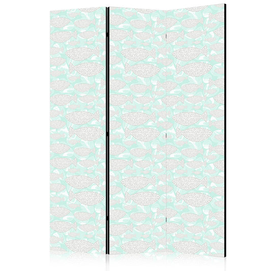 Paravent - Minimalist Fish - Fish of Grey Dots on a Crystal Clear Water Surface in Mint Green Colors Artgeist