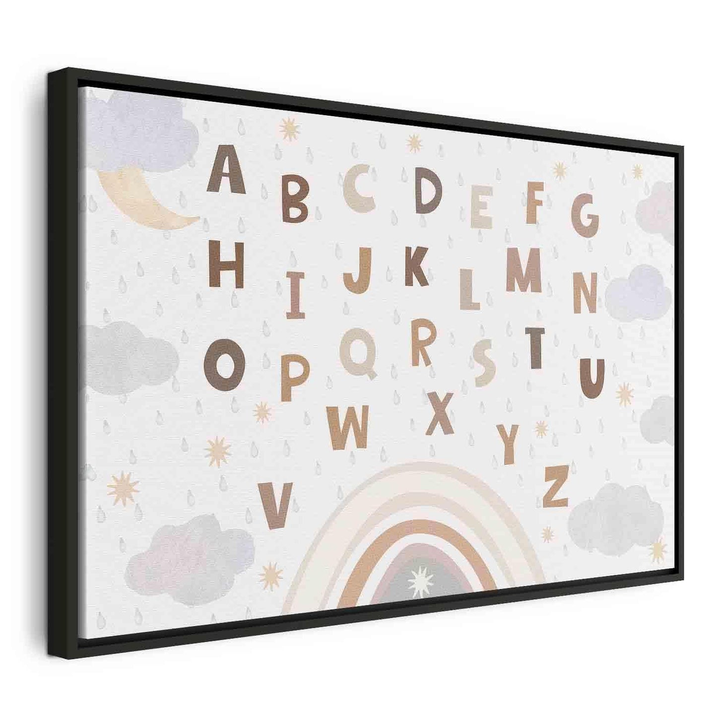Leinwandbild - Letters Above the Rainbow - Letters Among Streams of Rain and Clouds with a Rainbow Moon and Stars on a Light Background Artgeist