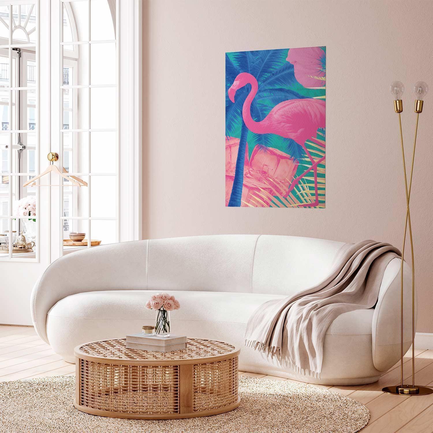 Poster - Pink Flamingo - abstract flamingo against a background of palm trees and ice cubes Artgeist