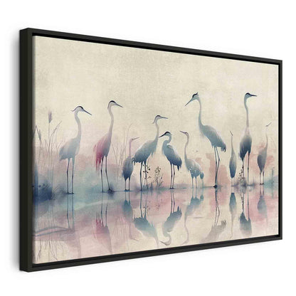 Leinwandbild - Birds by the lake - herons painted in watercolour in delicate grey and pink colours