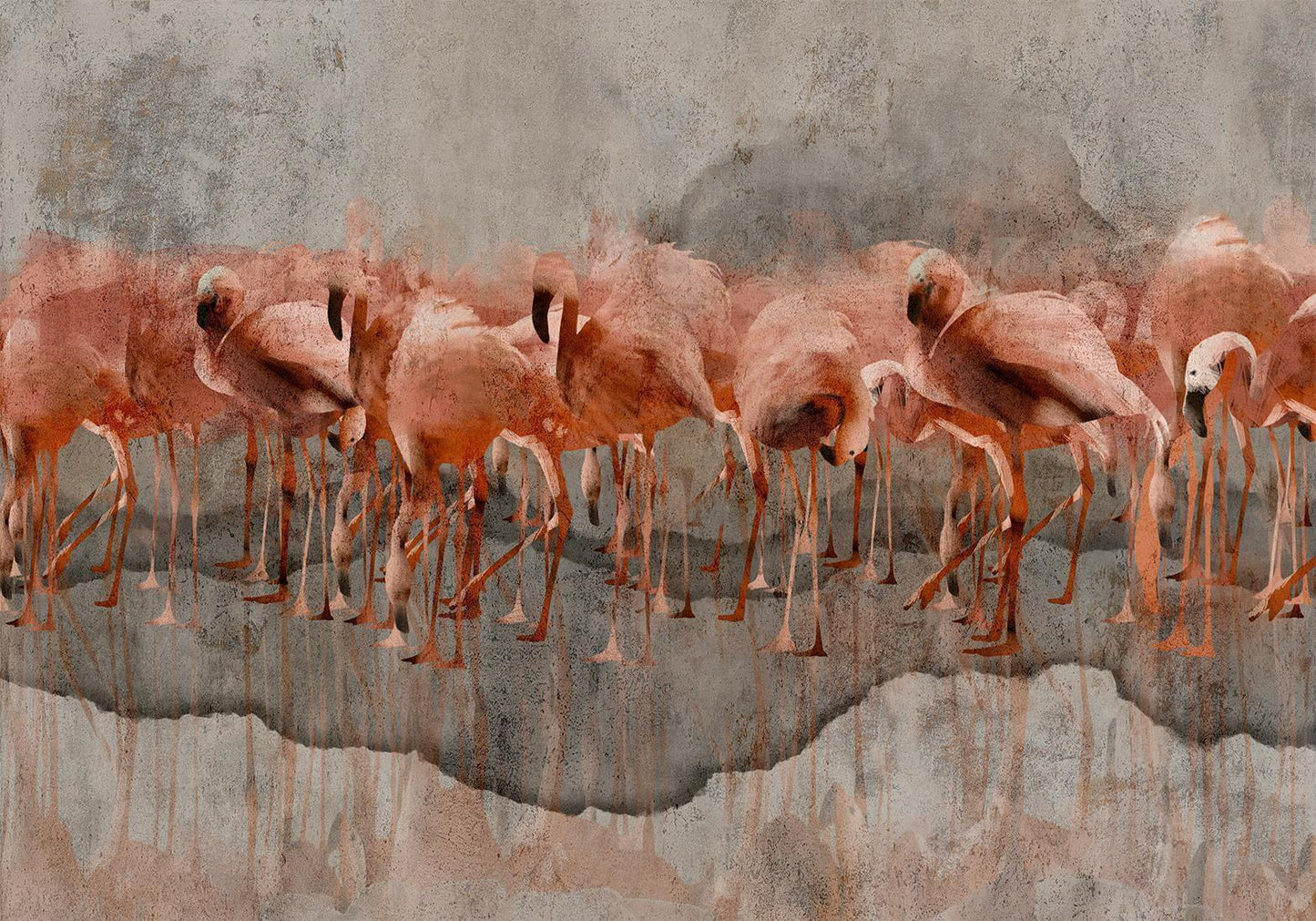 Fototapete - Exotic birds - pink flamingos with shadow on grey concrete background Artgeist